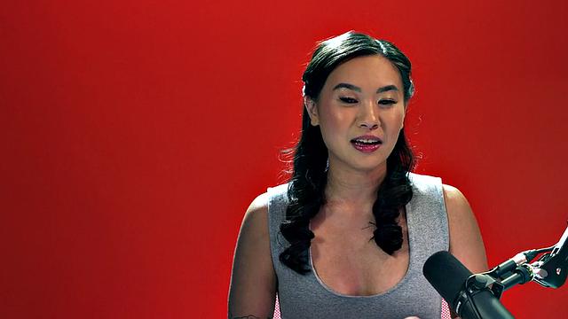 Horny Asian babe toys pussy after solo casting