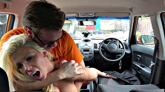 British babe with glasses gets her bald pussy creampied on her first lesson