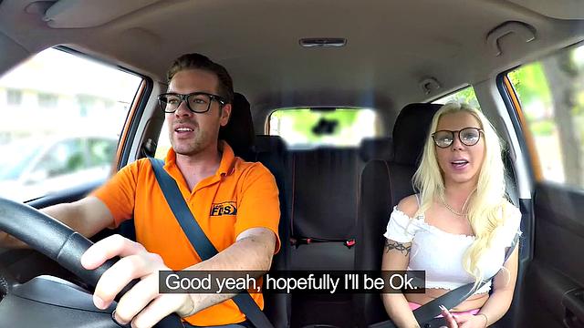 British babe with glasses gets her bald pussy creampied on her first lesson