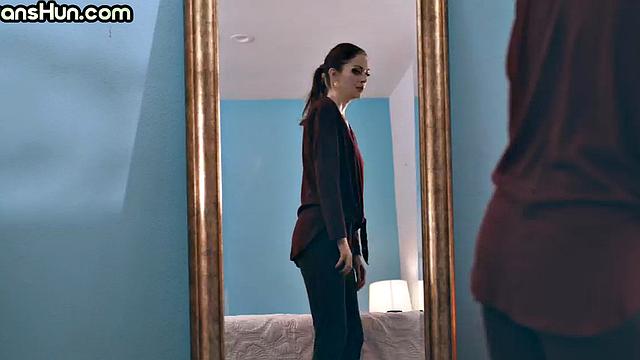 Busty TS MILF spanks and fucks babe in pussy in doggystyle