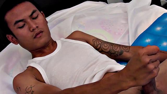 Asian dirty guy enjoys masturbating while talking dirty