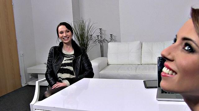 Nervous Brunette Relaxes Around Agent's Wet Pussy