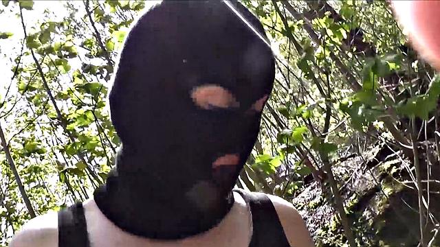 Masked babe riding huge cock in nature