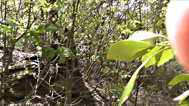 Masked babe riding huge cock in nature