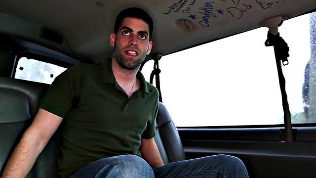 Blindfolded gay mouth sucked, str8 cums in outdoor van