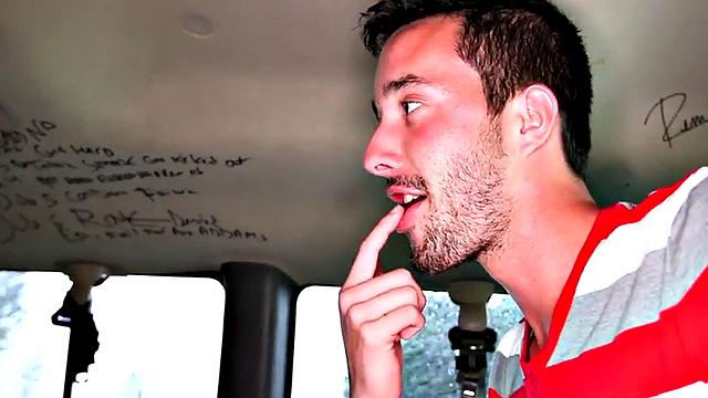 Blindfolded gay mouth sucked, str8 cums in outdoor van