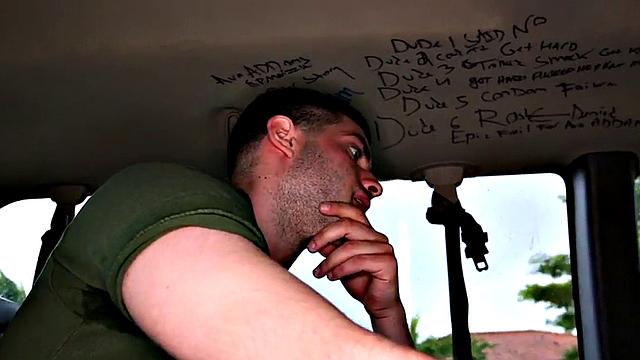 Blindfolded gay mouth sucked, str8 cums in outdoor van
