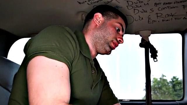 Blindfolded gay mouth sucked, str8 cums in outdoor van