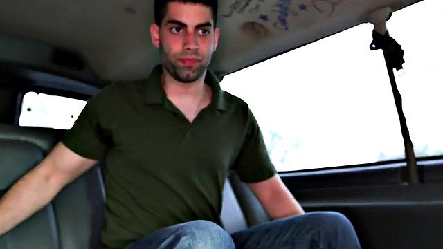 Blindfolded gay mouth sucked, str8 cums in outdoor van