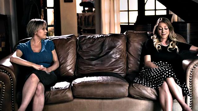 Busty MILF and mature wife fucked in a 3some on the couch