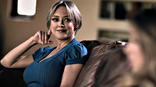 Busty MILF and mature wife fucked in a 3some on the couch