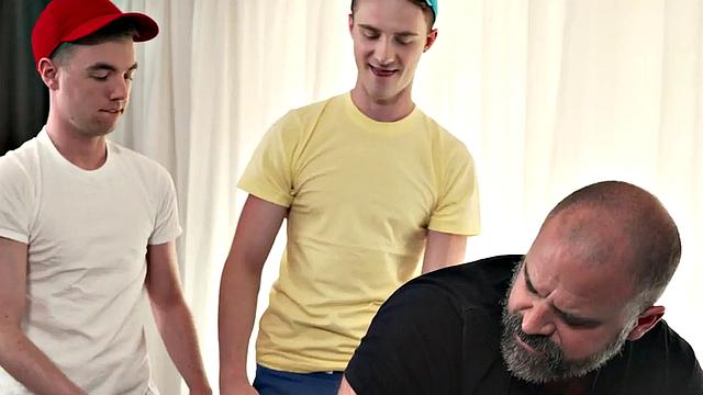 Hairy DILF assfucked in 3some by twinks