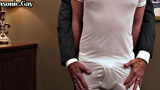 Suited mason fucks ass of bottom stud in office