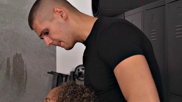 Ebony anal slut banged in gym after titfucking