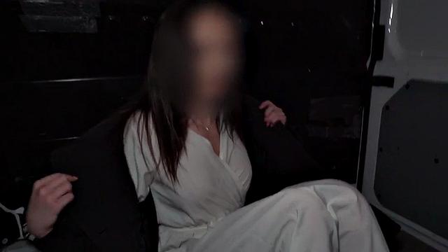 Picked up hairy slut fucks fake priest in the back of her van
