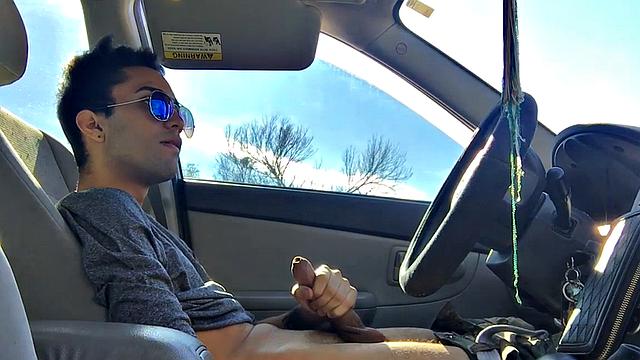 Our featured solo boy of the week is Lucas Prescott, a big dick twink who jerks off in his car. He pushes his pants down to his knees and quickly works up a stiff one, while looking around to make sure no one is approaching.