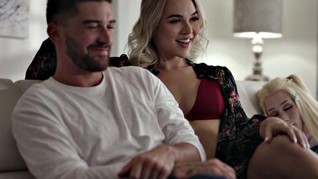 Busty trans goddess sucking boyfriend's dick in kinky couple