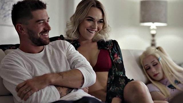 Busty trans goddess sucking boyfriend's dick in kinky couple