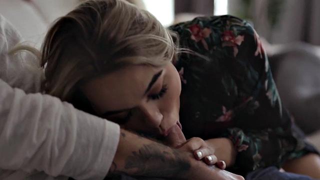 Busty trans goddess sucking boyfriend's dick in kinky couple