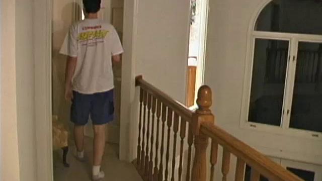 Seth gets out of the shower and joins Derrick in the brdroom, where the two quickly get naked and exchange blow jobs. Rock hard and ready, Seth gets on the bed and Derrick slides all 9 inches into his tight ass.