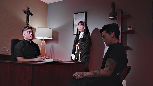 Trans babe deepthroating fake priest while wanking