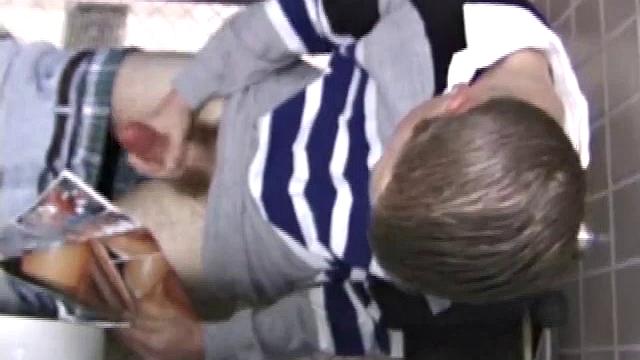 We catch up with Christian on an outdoor stairway. He leads us to a men's room with glory holes. Tere, Christian jacks off to photos in a straight porn magazine.