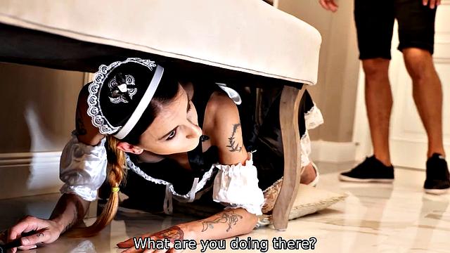 STUCK4K. Girl is stuck under sofa but man penetrates her instead