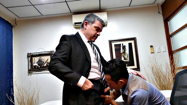 Office Asian twink fingered and bred after blowing DILF