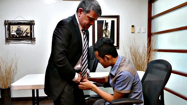 Office Asian twink fingered and bred after blowing DILF