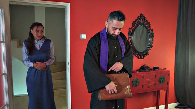 Horny priest & his bad boys team up to satisfy a naughty MILF in lingerie & stockings