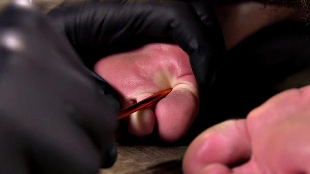 Brunette BDSM slave drools while getting her tiny tits and hairy pussy punished