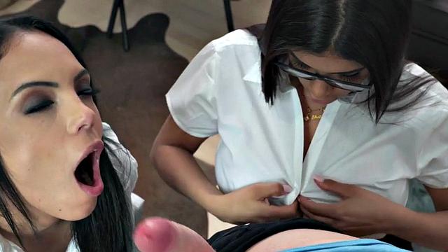 College babes get pussyfuck at 3some after gagging on cock