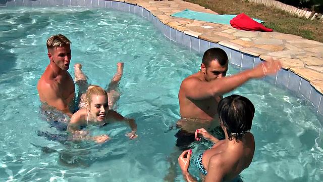 Kinky blonde tattooed babe licks, fucks and sucks in wild outdoor group sex