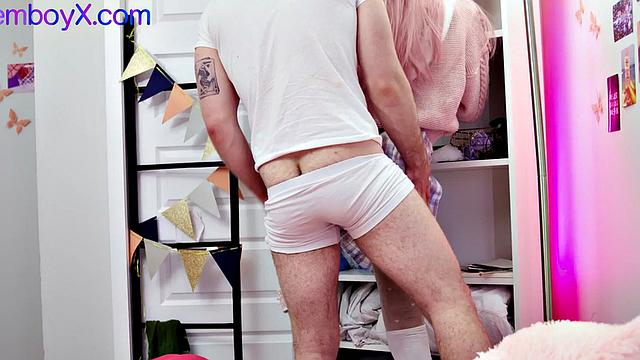 Upskirt femboy in stockings throatfucking