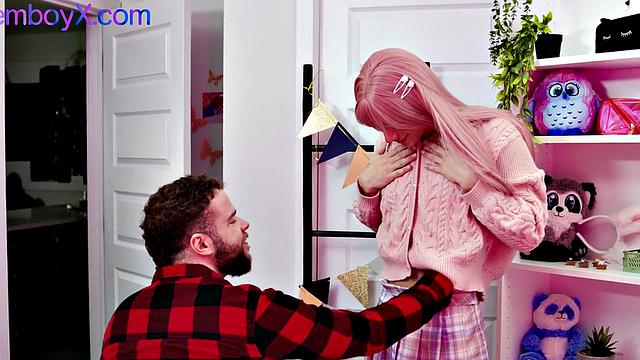 Upskirt femboy in stockings throatfucking