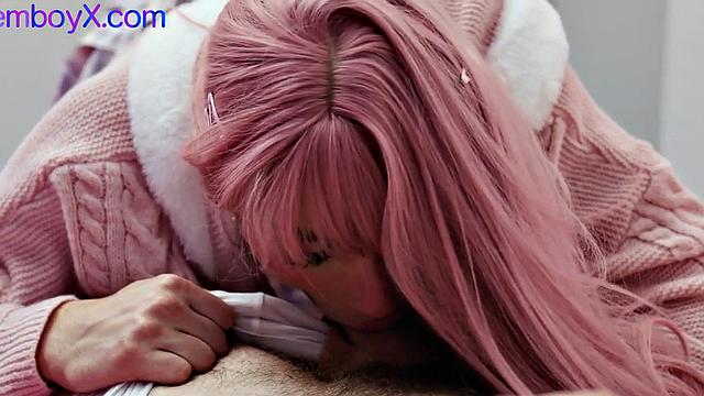 Upskirt femboy in stockings throatfucking