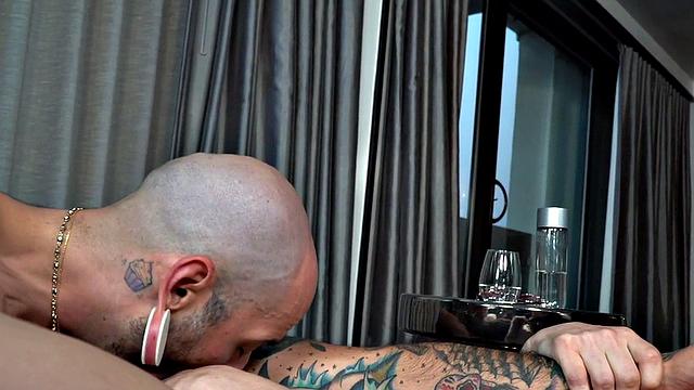 MTF tattooed boy licked by busty TS after giving BJ