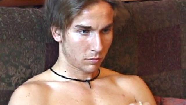 Stripped naked and turned into a porn video, Brock goes to work stroking his cock. After edging himself several times, the young man shoots a massive cum gusher.