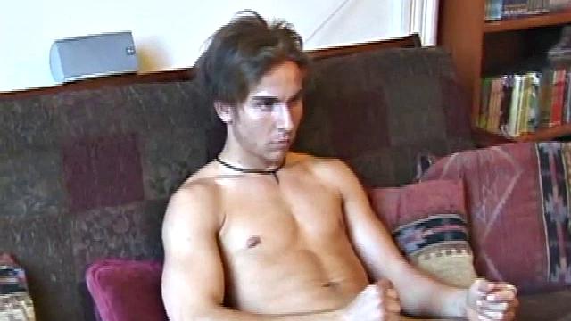 Stripped naked and turned into a porn video, Brock goes to work stroking his cock. After edging himself several times, the young man shoots a massive cum gusher.