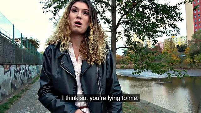 Curly-haired babe gets wild with her public fuck and blowjob