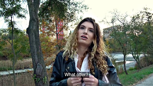 Curly-haired babe gets wild with her public fuck and blowjob