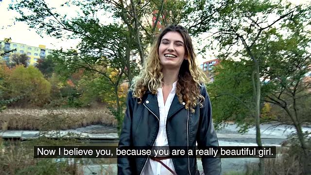 Curly-haired babe gets wild with her public fuck and blowjob