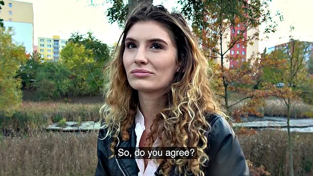 Curly-haired babe gets wild with her public fuck and blowjob