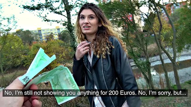 Curly-haired babe gets wild with her public fuck and blowjob