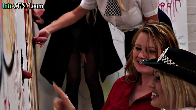 CFNM babes cock sucking in glory hole