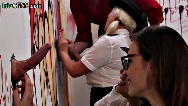 CFNM babes cock sucking in glory hole