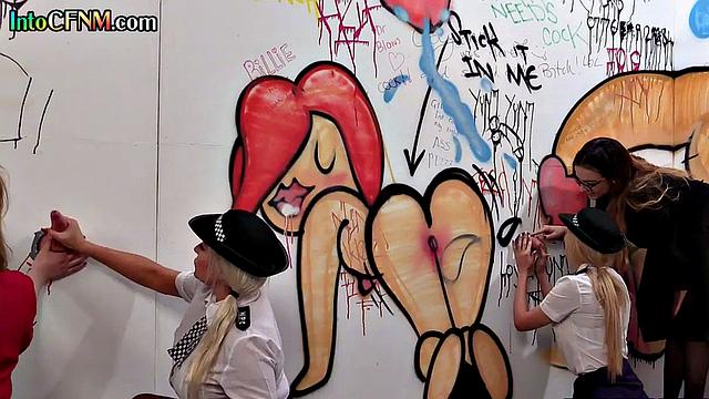 CFNM babes cock sucking in glory hole