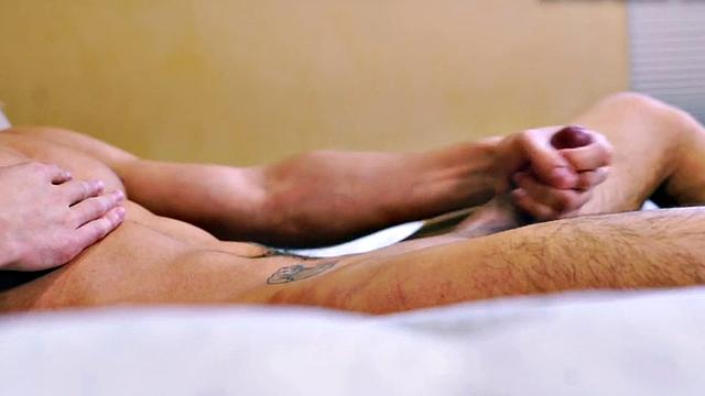 Athletic amateur jerks and sprays cum in action