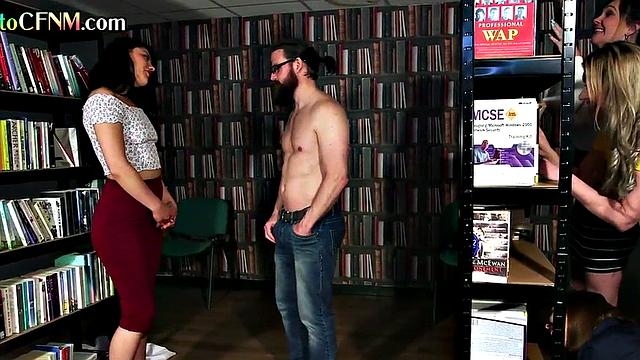 CFNM British babes suck in group library action