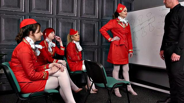CFNM stewardesses suck in group femdom action